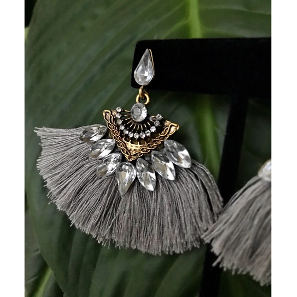 Gray Crystal Fringe Tassel Dangle Earrings - Picture 3 of 4
